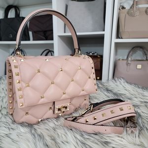 Luxury rockstud pink top handle, crossbody bag medium